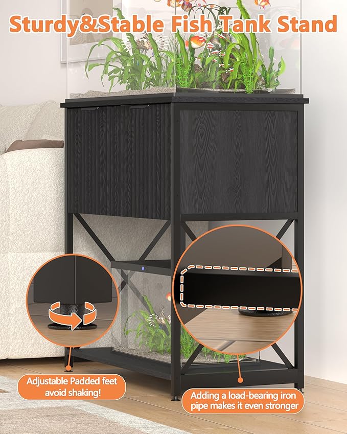 Piskyet 20-29 Gallon Fish Tank Stand, Metal Frame Aquarium Stand, Cabinet for Fish Tank Accessories Storage,Suitable for Turtle Reptile Tank Stand Terrarium Stand,340Lbs,Black