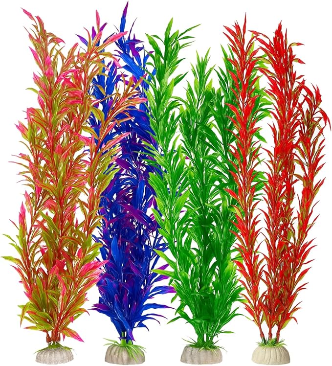 D & K Exclusives Tall Artificial Aquarium Plants, 4 Pack 16-inch Fish Tank Safe Plastic, Multicolor Aquascape Decor for Freshwater, Tropical Tanks, Multicolor