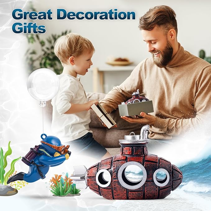 CousDUoBe New Upgrade Floating Fish Tank Decoration, Cute Retro Submarine Set and Floating Diver,Three Float Balls, Aquarium Decorations Resinous Betta Fish Tank Accessories