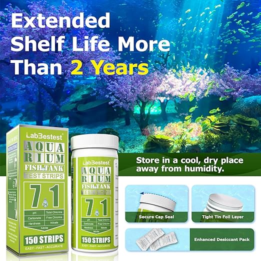 Aquarium Test Strips - Aquarium Water Test Kit - 150 Fish Tank Test Strips for Freshwater Saltwater - Pond Water Tester Kits - Rapid Accurate Easy to Test Nitrate, Nitrite and More (7-Way)