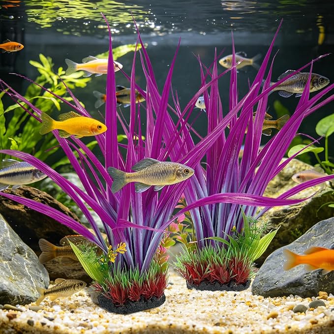 Aquarium Plants Plastic, 2-Pack 15.35" Tall Artificial Fish Tank Plants, Aquarium Fishbowl Decorations Ornament Safe for All Fish, Deep Lavender Tone