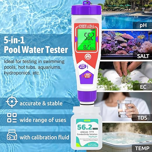Pool Salt Tester for Swimming Pool Salinity Tester and pH Meter for Saltwater 5 in 1 Digital Salinity pH EC TDS Temp Meter with 35ppt Calibration Solution for Hot tub, Reef Aquarium, Koi Pond