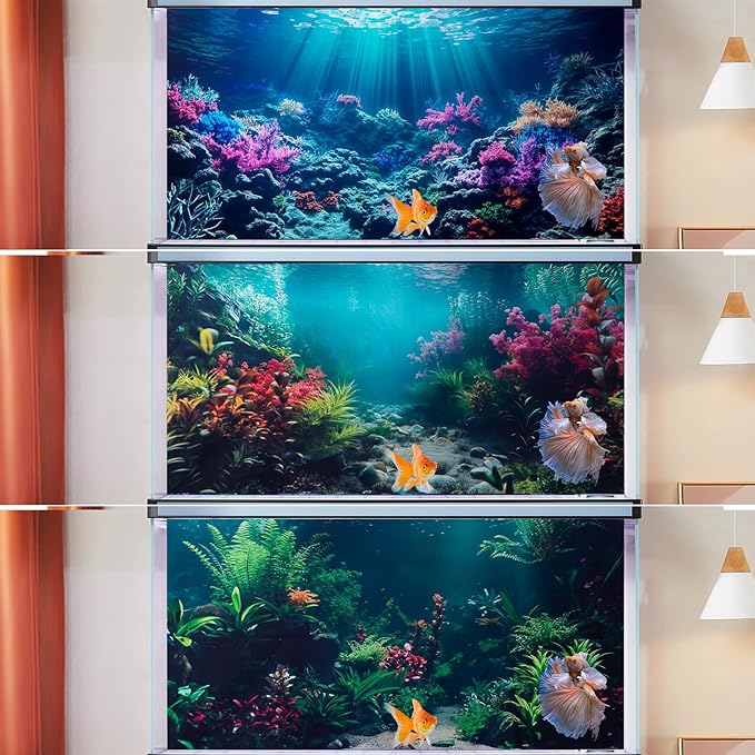 COMSUN 3 Pack Aquarium Background, 60x24 inches Polyester Aquarium Background, Cloth Fish Tank Background, Undersea Corals Sunshines & Rock Aquatic Plants