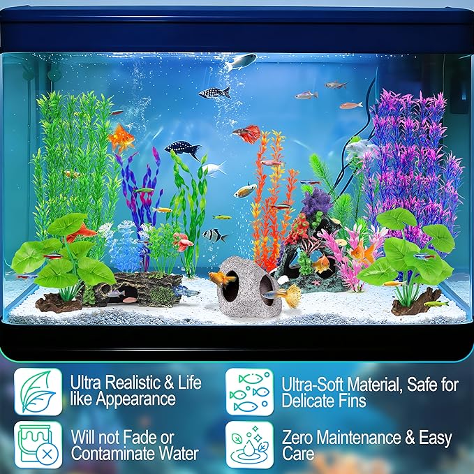 MyLifeUNIT Fish Tank Decor, Silk Aquarium Plants and Hideaway Rock Cave Decor for Betta Fish Tank Accessories, Goldfish, Turtle Tank Decorations