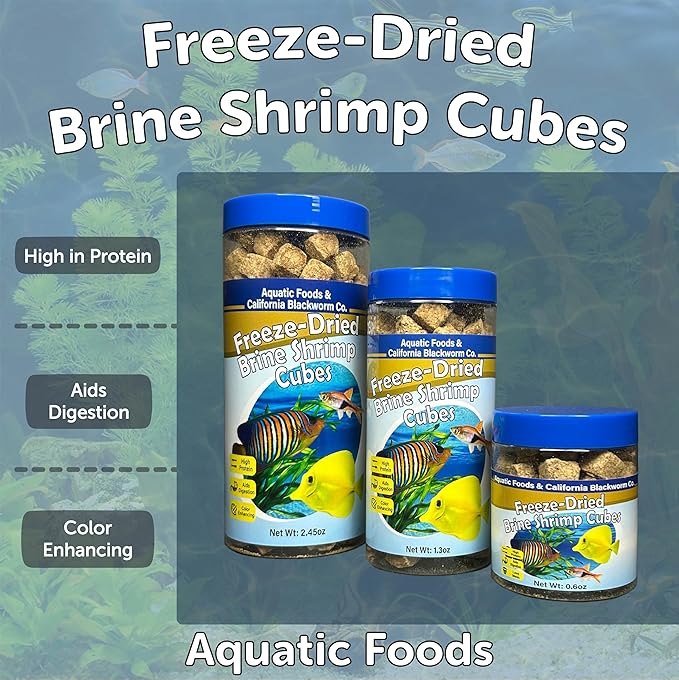 Brine Shrimp, Freeze Dried Floating Brine Cubes for Cichlids, Discus, Tetras, Goldfish, Bettas, Angels, Marines, All Tropical Fish, Aquatic Turtles 0.6oz Canister