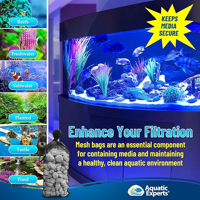 Aquatic Experts High Flow Filter Media Bag - Durable Filter Bags for Fish Tank, Secure Aquarium Media Bag with Drawstring, Media Bags for Aquarium and Pond, High Flow (Black), 3” x 8" – 4 Pack