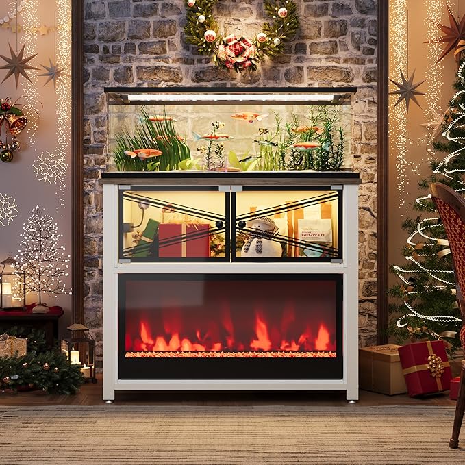 40-50 Gallon Fish Tank Stand with 20-Color LED Flames, No Heat, Metal Frame Structure Aquarium Stand, Glass Doors Storage Cabinet Holds Up to 700 LBS, Fit for Turtle Tank, Reptile Tank (White+Brown)