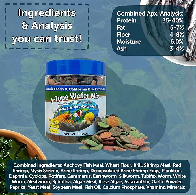 4-Type 12mm - 1/2" Sinking Wafer Mix of Spirulina-Algae, Ultra-Worm, Shrimp, Color Enhancing for Shrimp, Snails, Crayfish, Bottom Fish, 12-Type Pellets Included...11.5oz Canister