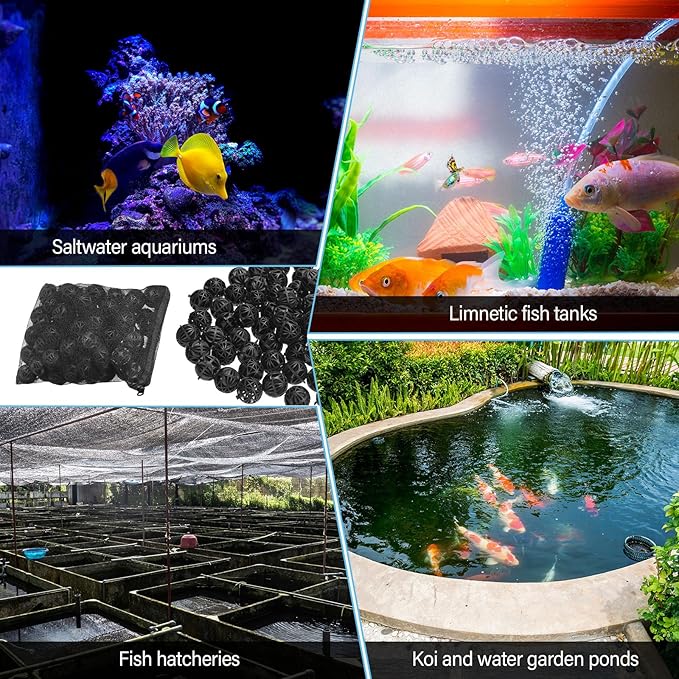 Hortsun 300 Pieces Bio Balls Pond Filter Aquarium Filter Media 1.26 Inch Saltwater Aquarium Filter Biochemical Cotton Pond Filter Accessories and 5 Pieces Black Mesh Bags for Fountain Fish Tank