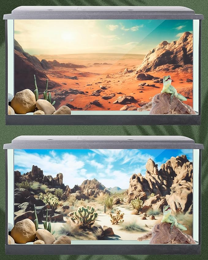 Breling 4 Pcs 48 x 24 Inch Reptile Habitat Background with Nano Glue Gobi Sun Cactus Stone and Green Tree Fern Stream Terrarium Background Polyester Durable Aquarium Accessories