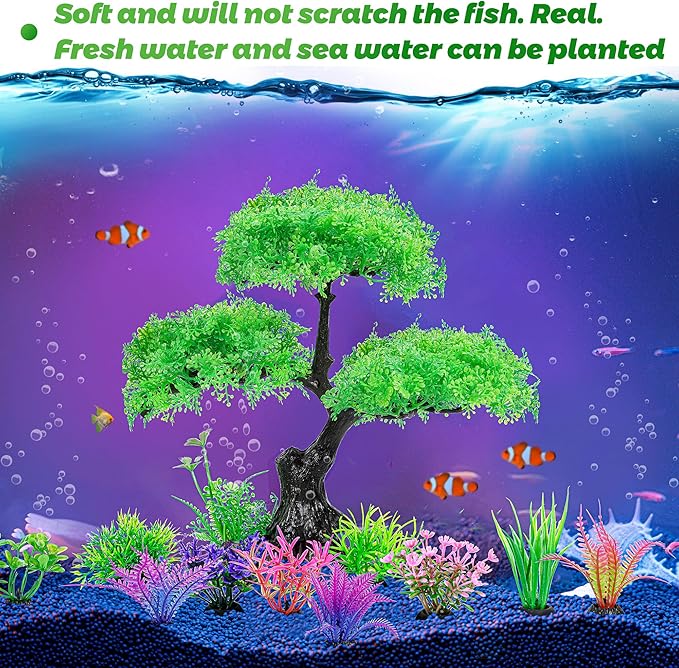 Ameliade Aquarium Artificial Plastic Plants Decoration, Aquarium Tree Decor Set, Goldfish Betta Fish Tank Decorations Hides Accessories (Green)