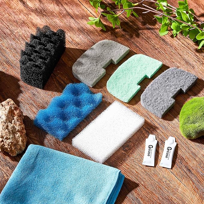 Threlaco 32 Pcs Filter Media Compatible with Fluval 106/107, Aquarium Replacement Maintenance Kit, Including Biological Sponge, Ammonia/Phosphate/Nitrite Remover Pad, Aquarium Towel, Grease