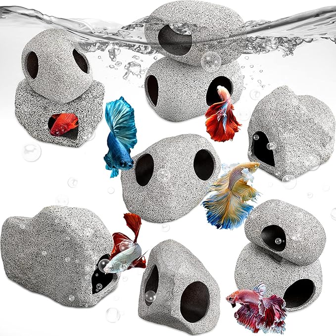 Lyrow 10 Pieces Aquarium Hideaway Rock Cave Stackable Fish Tank Decorations for Aquatic Pets to Breed, Play and Rest, Ceramic Shelters for Small Fish, Betta Cave Shrimp Habitat, Breeding Tube (Rustic)