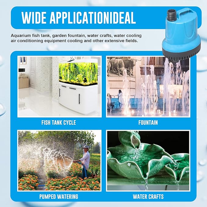 1188 GPH Bottom Feed Submersible Water Pump - Energy Efficient Low-Suction Aquarium, Pond, Fountain, Hydroponics Pump, 90W - 3 Pack