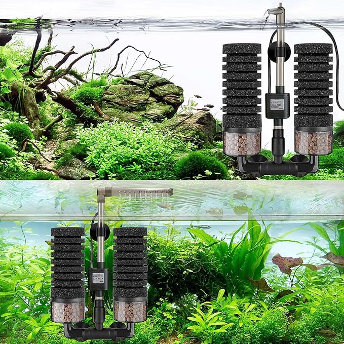 Upgrade Aquarium Electric Power Sponge Filter with Submersible Pump ,Ultra-Quiet Motor with Bio Ceramic Media Balls and 2 Spare Sponge (L for 20-55 Gal)
