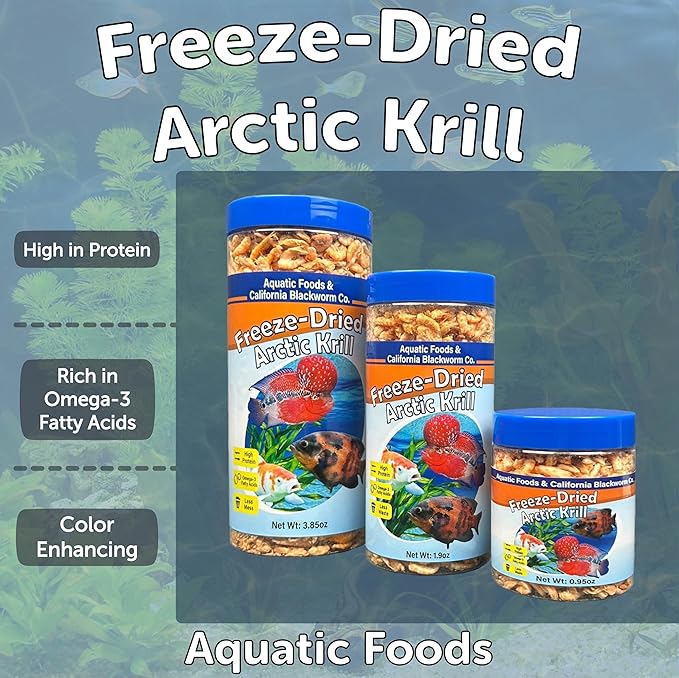 Arctic Krill, Freeze Dried Krill, High in Natural Color Enhancing for Large Cichlids, Tropical Fish, Koi, Turtles, 12-Type Pellet Mix & 4-Type Wafer Mix Included 1.9oz Canister