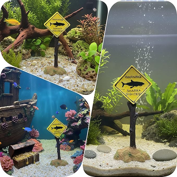 Shark Warning Sign Aquarium Decor – Realistic Resin Caution Ornament with Weighted Base for Fish Tank & Ocean Theme Tanks