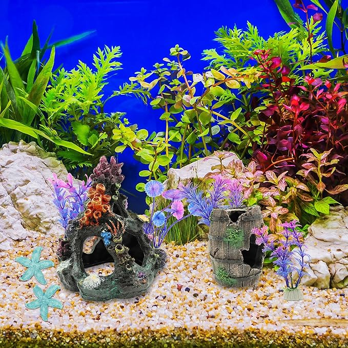 8 Pcs Fish Tank Decor, Small Aquarium Decorations Accessories, Fish Tank Plants Fish Cave Hideout, 2 x Aquarium Cave 4 x Aquarium Plant 2 x Starfish Ornament (Colorful)