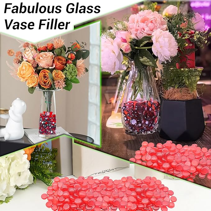 ARSUK 1LB Red Glass Pebbles for Vase Fillers, Aquarium Gravel, Decorative Stones for Crafts, Fish Tanks, Plant Pots, Wedding, Garden, Home Decor – Flat Glass Marbles (Red, 1LB)