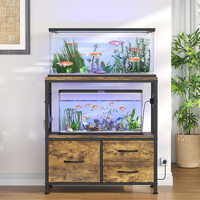 Heybly 20-29 Gallon Fish Tank Stand, Aquarium Stand with Drawer, Power Outlet, Heavy Duty Metal Frame, for Fish Tank, Turtle & Reptile Terrarium, 31.5" x 15.7" Top, 330lbs, Rustic Brown HAS001SR