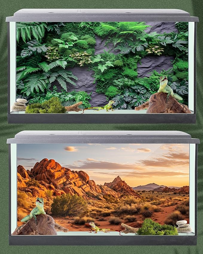 Breling 4 Pcs Reptile Habitat Background with Nano Glue Gobi Sun Cactus Stone and Green Tree Fern Stream Terrarium Background Polyester Durable Aquarium Accessories (Style2,36 x 18 Inch)