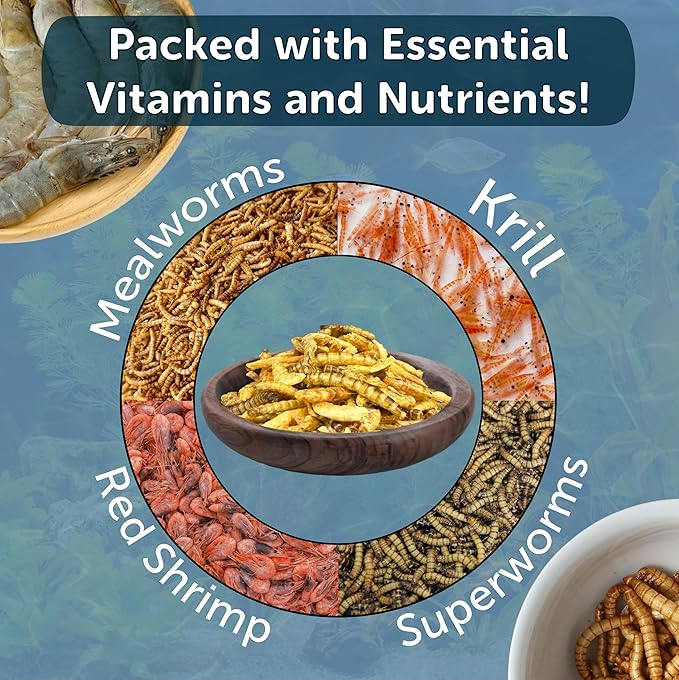 4-Type Medley Mix of Freeze Dried Superworms, Krill, Red Shrimp, Mealworms for Monster Fish, Reptiles, Turtles, Tortoises, Frogs, Hamsters, Birds, Rodents 5oz Canister