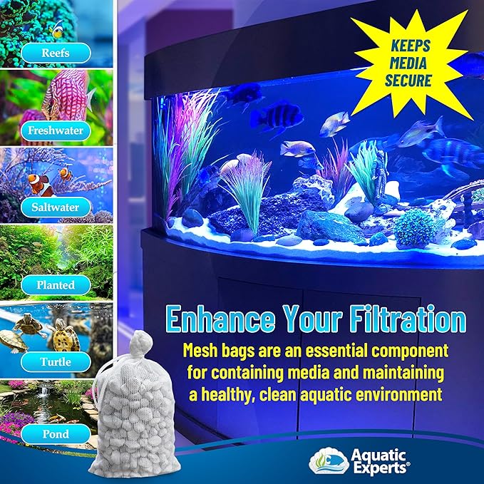 Aquatic Experts High Flow Filter Media Bag - Durable Filter Bags for Fish Tank, Secure Aquarium Media Bag with Drawstring, Media Bags for Aquarium and Pond, High Flow (White), 5" x 9" - 4 Pack
