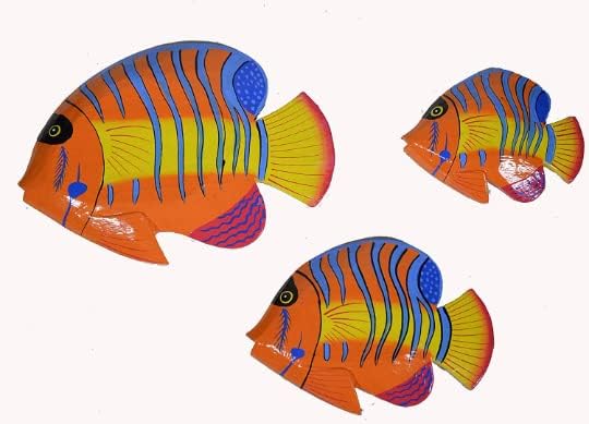 Beautiful Unique Set of 3 BLUE STRIPED Dory Nemo Fish Wood Hanging Wall Art