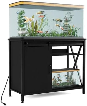 Aquarium Stand for 55-75 Gallon Fish Tank: Tank Stand Table with Power Outlet for Aquarium kit - Metal Fish Stand Cabinet with Storage for 55 Gallon Reptile Turtle Terrarium (black, 55-75 gallon)
