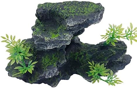 Gray Boulder Rock Outcrop Ledge Ornament, 6 Inches Tall with Plastic Seaweed Plants, Artificial Aquarium & Fish Tank Stepped Decoration Ornament, Fish, Reptile & Turtle Safe Polyresin
