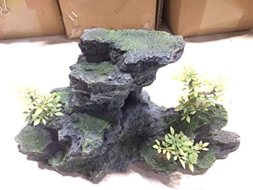 Gray Boulder Rock Outcrop Ledge Ornament, 6 Inches Tall with Plastic Seaweed Plants, Artificial Aquarium & Fish Tank Stepped Decoration Ornament, Fish, Reptile & Turtle Safe Polyresin