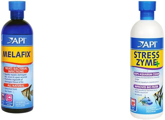 API MELAFIX Freshwater Fish Bacterial Infection Remedy 16-Ounce Bottle & Stress Zyme Freshwater and Saltwater Aquarium Cleaning Solution 16-Ounce Bottle