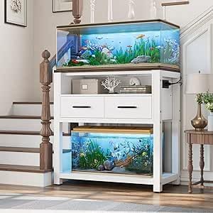 EOSVALO 20-29 Gallon Aquarium Stand with Stable Metal Frame & Power Outlet, Heavy-Duty Fish Tank Stand with Waterproof Mat, 550LBS Capacity Storage Cabinet, White+Brown