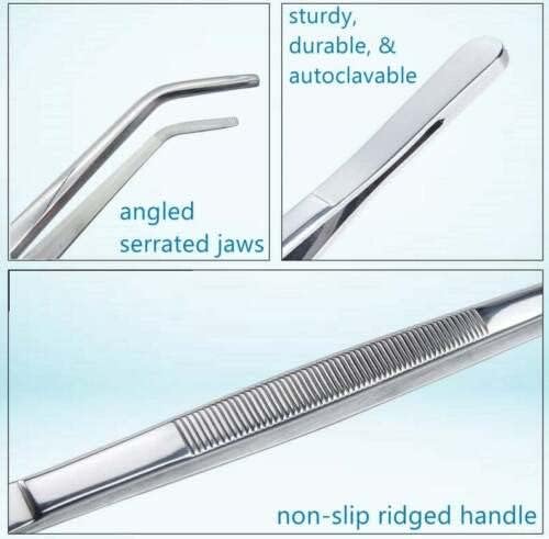 A2Z-Aquascaping Maintenance Tools Accessories,Anti-Rust Stainless Steel Tweezers Scissors Spatula for Aquarium Tank Clean, Fish Tank, Bonsai, Algae Scrapers (12" Serrated Tweezers - Angled)