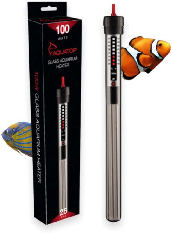 Aquatop 100W Aquarium Submersible Glass Heater - Fully Submersible for Fish Tanks Up to 25 Gallons - Adjustable Temperature 68-93°F - Ideal for Fresh & Saltwater Use