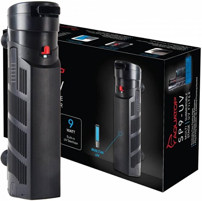 Aquatop 264 GPH Internal Filter with 9W UV Light - for Up to 100 Gallon Fish Tanks, UV for Crystal Clear Water, Fresh & Saltwater Use, Aquarium Filters for Fish & Turtle Tanks, SP9-UV