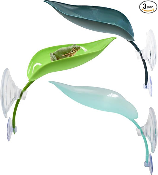 3 Pack Plastic Leaf Decorations with Suction Cups, Frog Habitat Platform, Reptile Decorations for Terrarium, Frog Tank Accessories, Terrarium Decor for Tree Frog, African Dwarf Frog, Frog and Toad