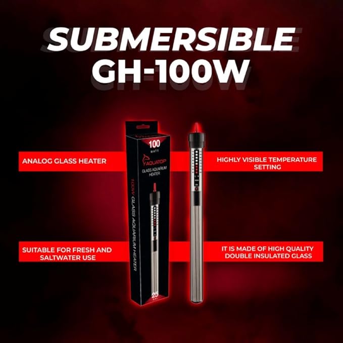 Aquatop 100W Aquarium Submersible Glass Heater - Fully Submersible for Fish Tanks Up to 25 Gallons - Adjustable Temperature 68-93°F - Ideal for Fresh & Saltwater Use
