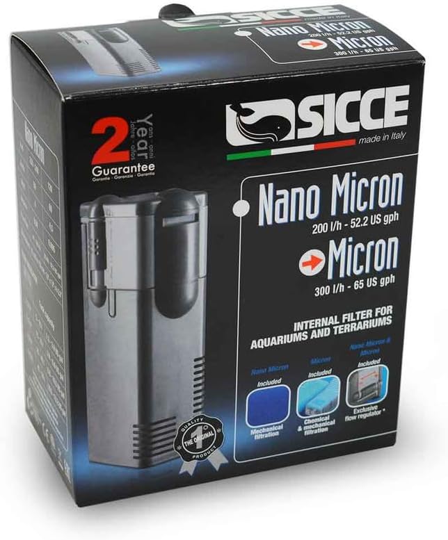 SICCE Nano Micron Small Internal Aquarium Filter 53 GPH Submersible | in-Tank Freshwater Saltwater Turtle Aquariums Application with Removable Filter Sponge