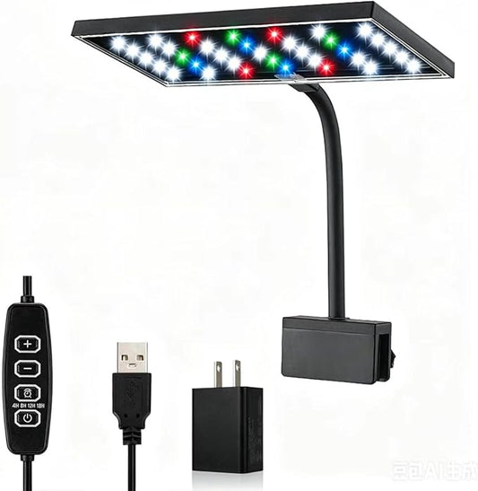 Carefree Fish Aquarium LED Light USB 5V2A RGBW 5730 Timmer 5~25Gal Fish Tank Clip Light 10 Brightness Levels 15W with USB Port (Include UL Certification Power Adapter)