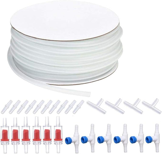 ALEGI Aquarium Air Pump Accessories Set 25 Feet Airline Tubing with 6 Check Valves, 6 Control Valve and 40 Connectors for Fish Tank White