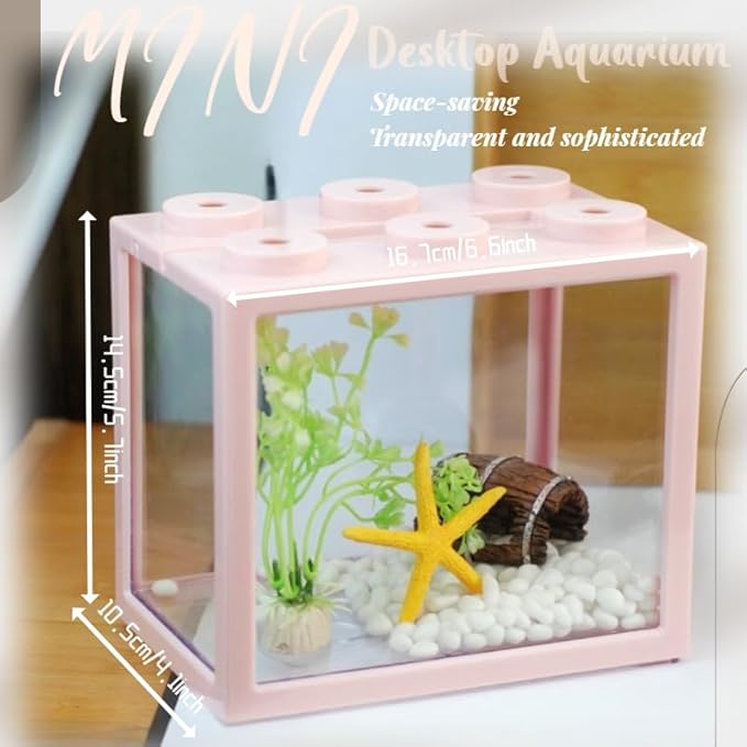 Small Betta Fish Tank, Stackable Mini Fish Tank Tiny Aquarium Tank Kit with Aquarium Gravel & Resin Decorations, 0.6 Gallon Cube Desktop Fishbowl for Snails, Crabs, Starfish (Pink)