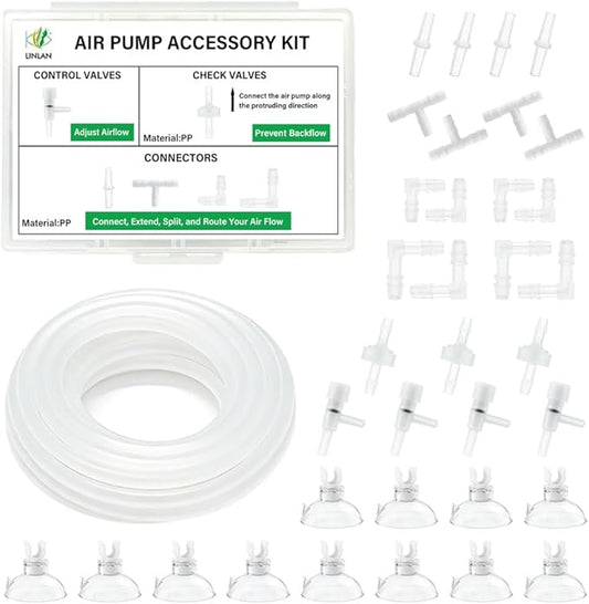 LINLAN 16 Feet 3/16''Silicone Airline Tubing with Storage Box, Aquarium Air Pump Accessory Kit, 3 Check Valves, 4 Control Valves, 16 Connectors, 12 Suction Cup, for Fish Tank