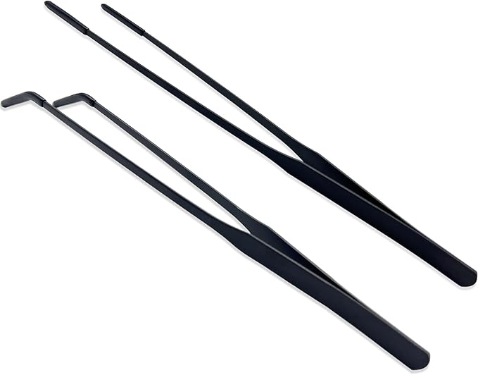 Stainless Steel Straight and Curved Tweezers Aquarium Tweezers with Rubber Tips Long Handle Reptile Feeding Tongs for Fish Tank Aquatic Plants, 2pcs, 10.6 Inch, Black