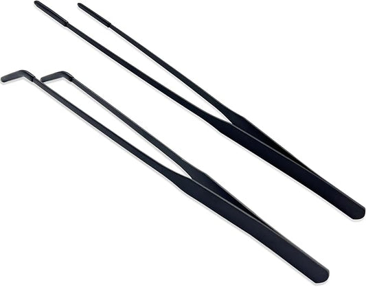 Stainless Steel Straight and Curved Tweezers Aquarium Tweezers with Rubber Tips Long Handle Reptile Feeding Tongs for Fish Tank Aquatic Plants, 2pcs, 10.6 Inch, Black