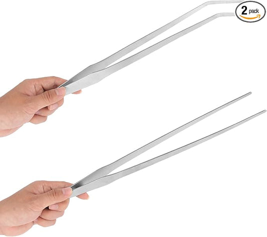 Aquarium Tweezers Extra Long 15 inches Feed Tong clamps - FEITA Straight and Curved Stainless Steel 38cm Tweezers Set for Fish Tank Plants Aquascape Tools & Reptile Feeding Tongs - Sliver 2Pcs