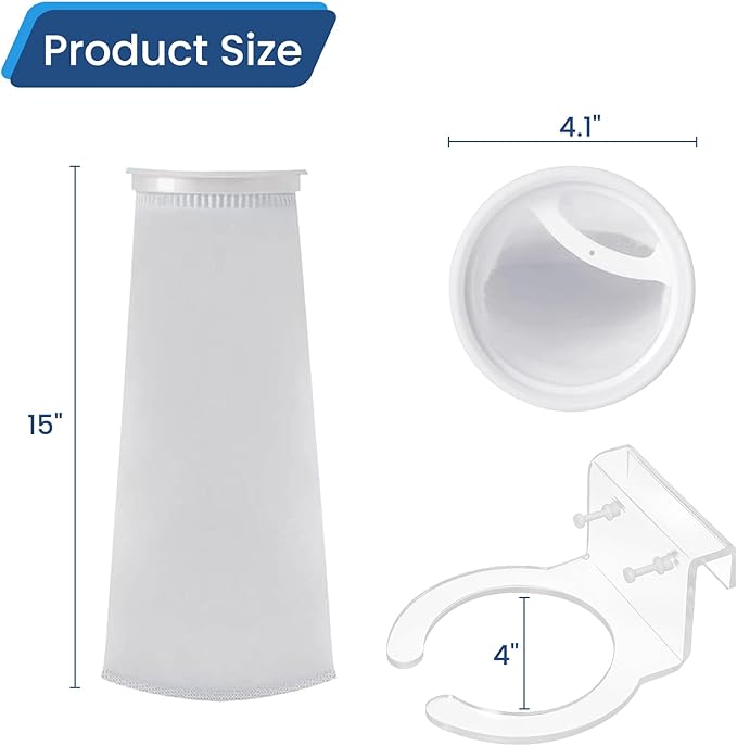 MESINURS 200 Micron 4" Ring Pre Filter Sock Bags & Holder Set, Aquarium Fish Tank Filter Strainer for Sumps, Overflows, Water Purification - Durable Reusable Filtration System