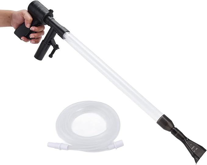 Multifunction Aquarium Gravel Cleaner, Wireless Water Changer for Fish Tank, Sand and Debris Vacuum with Duckbill Suction Inlet, Manual Press Handle for Easy Cleaning, Includes Hos