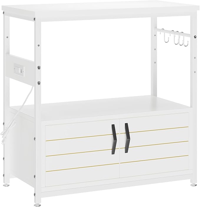 Bestier 20-29 Gallon Fish Tank Stand with Power Outlets, Metal Long Aquarium Stand with Storage Cabinet, 31x15 Reptile Terrarium Stand with Horizontal Gold Line, Stainless Hooks, 350 Lbs(White)