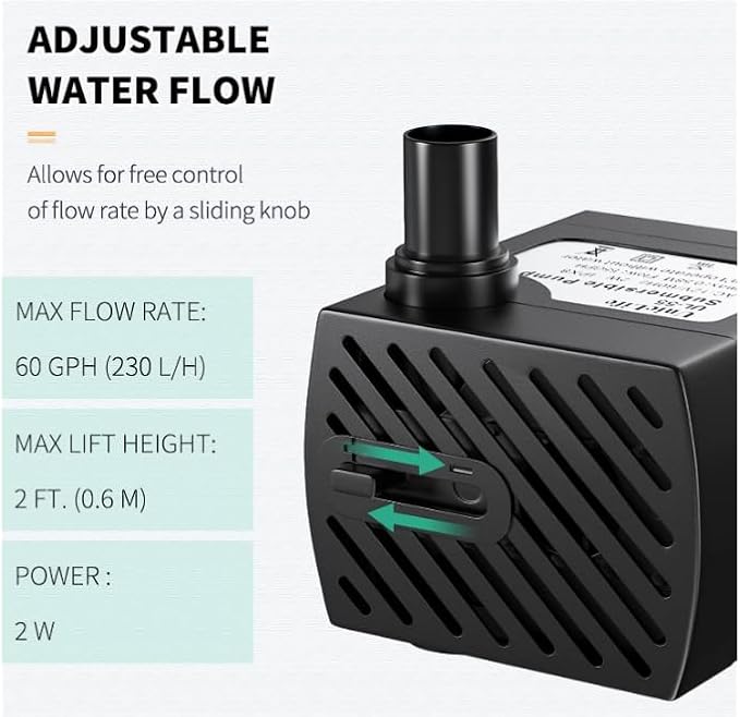 Uniclife Pet Replacement Pump 60 GPH 2W 2ft High Lift Quiet Pump for Smart Pet Fountains 12 V Compact Submersible Water Pump with 120 V Converter Adaptor for Nano Fish Tanks Bowls Up to 5 Gallons